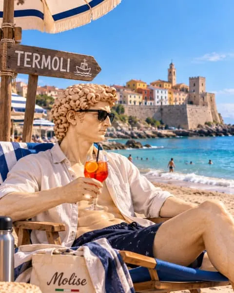 David on a deckchair on the beach in Termoli with a spritz, the old town behind
