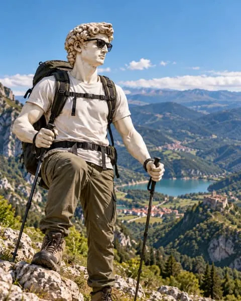 David hiking in the mountains above a lake and a castle