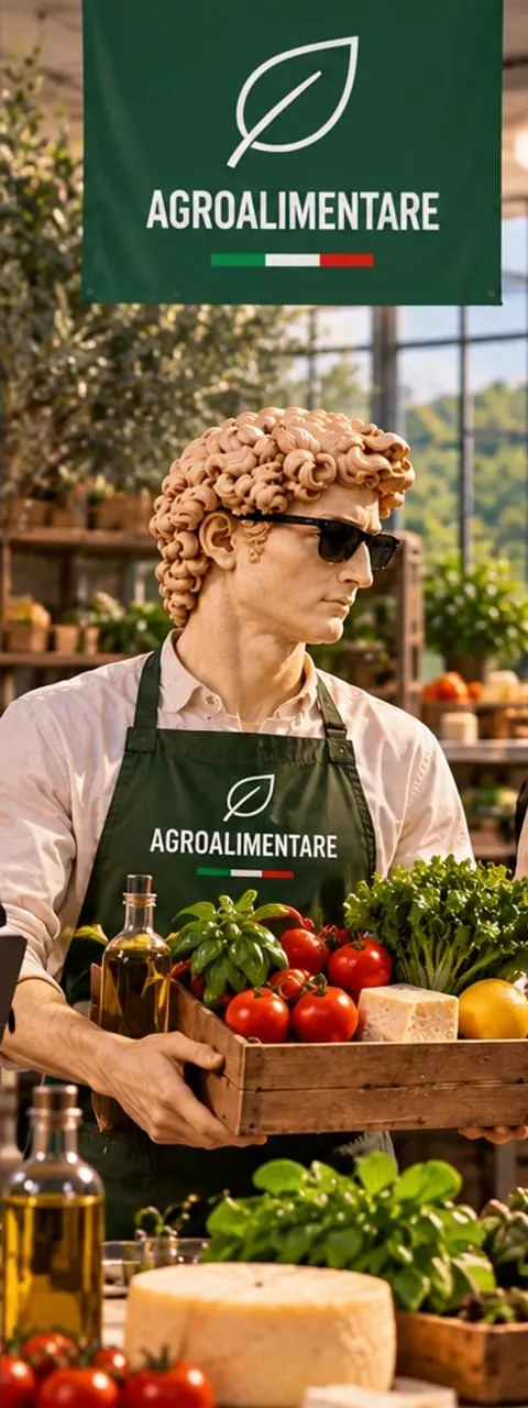David holding a crate of Italian vegetables, cheese and olive oil