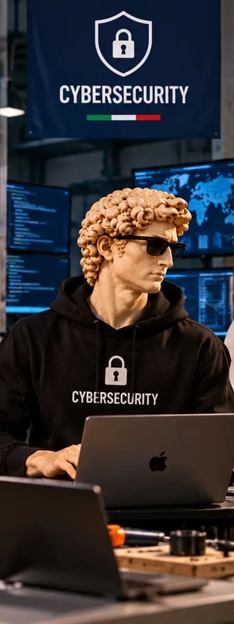 David working on a laptop in a cybersecurity lab